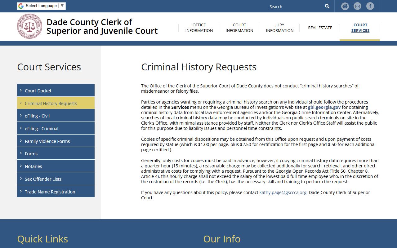 Dade County Clerk criminal history page explaining public terminal searches and copy fees