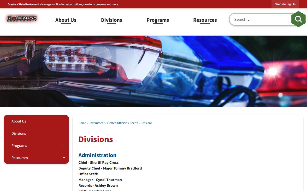 Dade Sheriff's Divisions page showing the jail division and staff roles