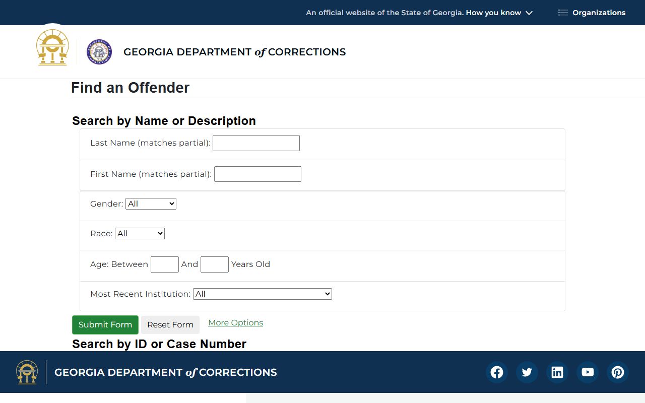 Georgia GDC offender query form with search fields and photo display controls